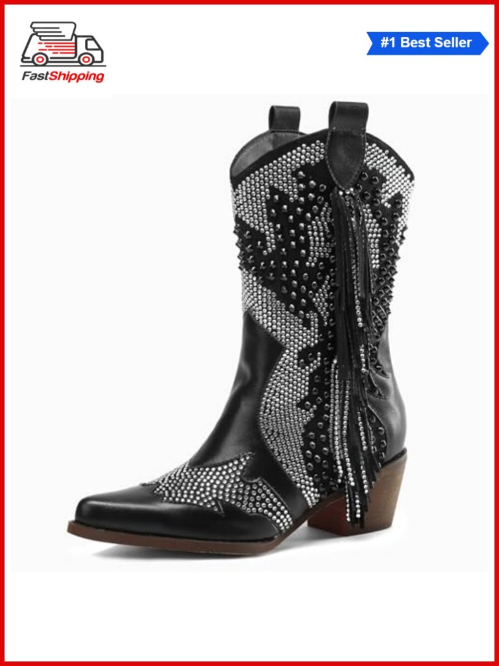 ✨ Sparkly Rhinestone Pointed Toe Western Ankle Boots Chunky Heel Slip-On Booties